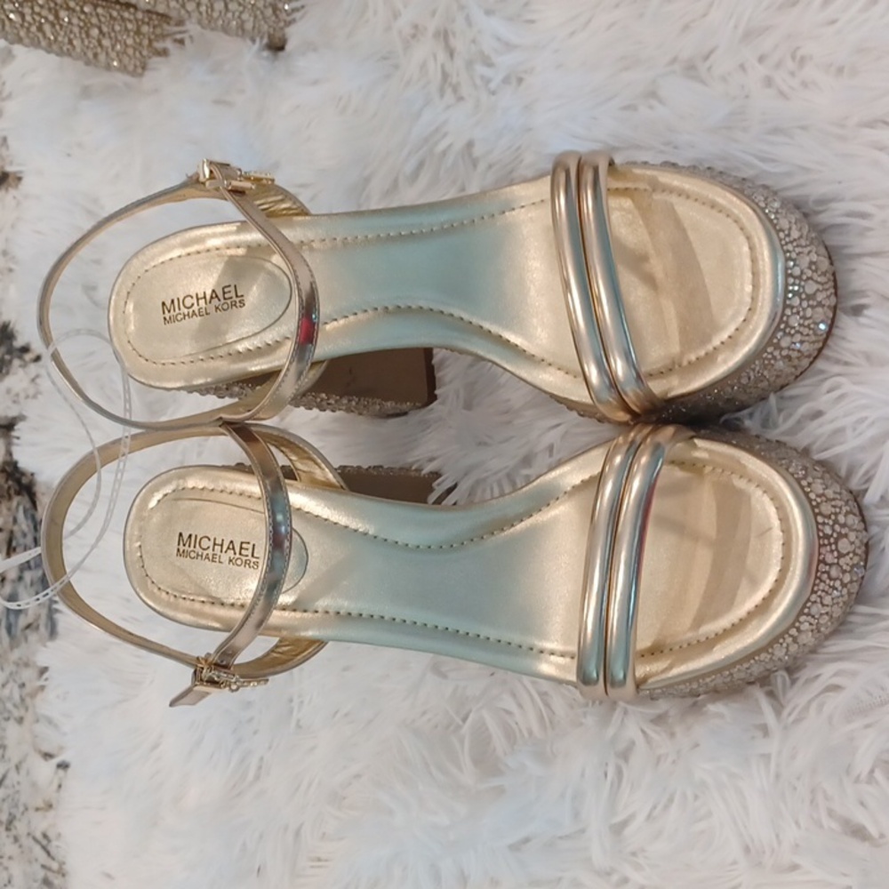 NEW Michael Kors Laci Gold crystal platform leather sandals Size 9.5 - Picture 5 of 16